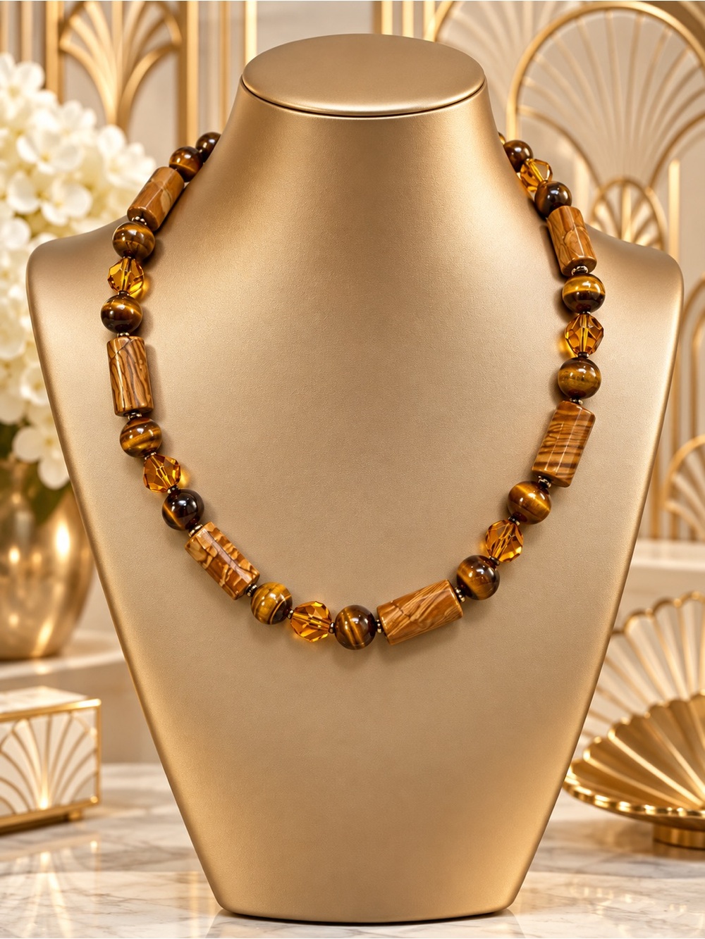 🆕❤️Handcrafted Brown Tiger Eye & Picture Jasper Beaded Necklace